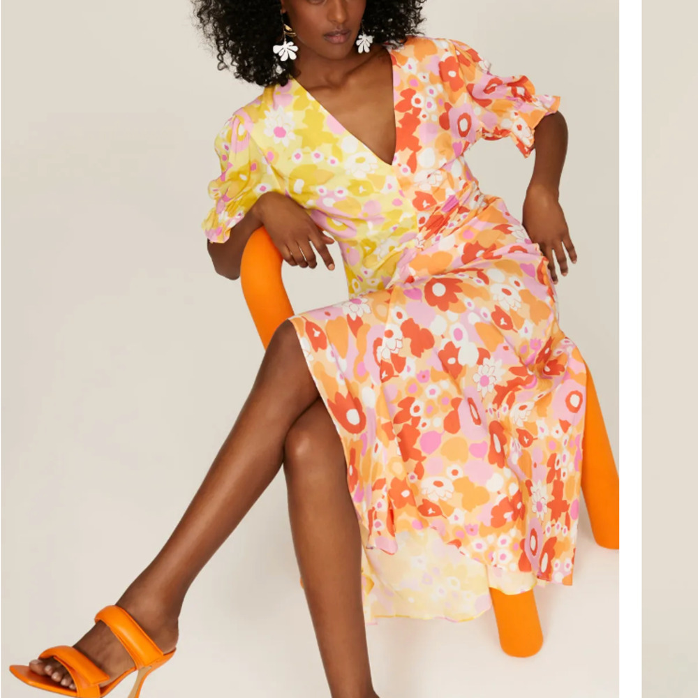 Rixo Whimsical Floral Colorblock Maxi Dress XS Ruched Orange Party Fun $420
